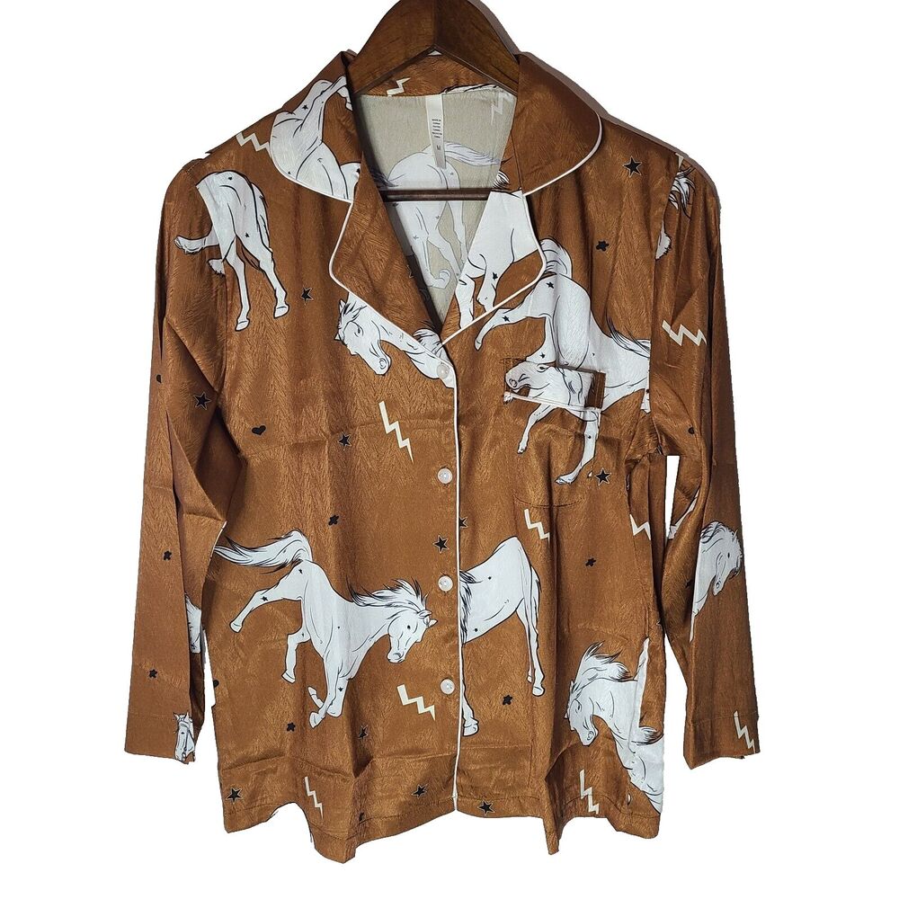 Girls' Brown Horse-Print Button-Front Pajama Top
